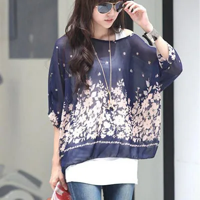Blusas Summer Tops Plus Size Women Clothing 2017 New Style Batwing Sleeve Women Blouses Floral Print Women's Chiffon Shirts