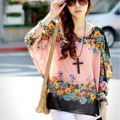 Blusas Summer Tops Plus Size Women Clothing 2017 New Style Batwing Sleeve Women Blouses Floral Print Women's Chiffon Shirts