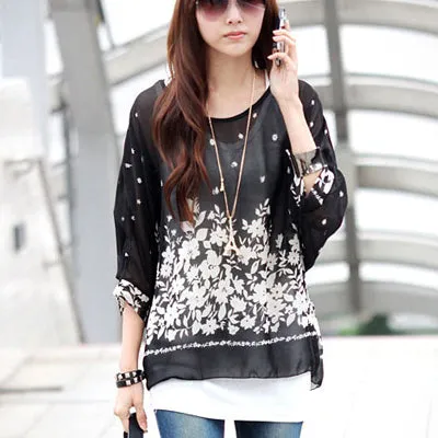 Blusas Summer Tops Plus Size Women Clothing 2017 New Style Batwing Sleeve Women Blouses Floral Print Women's Chiffon Shirts