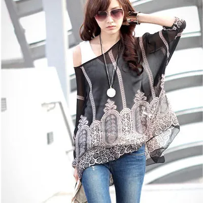 Blusas Summer Tops Plus Size Women Clothing 2017 New Style Batwing Sleeve Women Blouses Floral Print Women's Chiffon Shirts