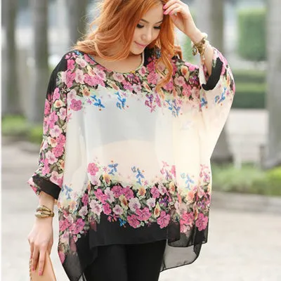 Blusas Summer Tops Plus Size Women Clothing 2017 New Style Batwing Sleeve Women Blouses Floral Print Women's Chiffon Shirts