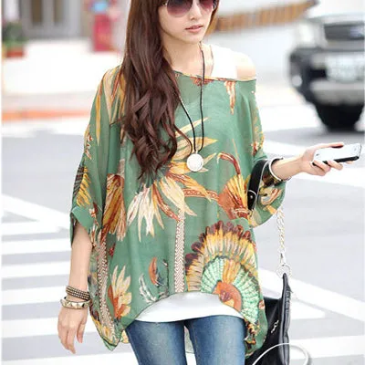 Blusas Summer Tops Plus Size Women Clothing 2017 New Style Batwing Sleeve Women Blouses Floral Print Women's Chiffon Shirts