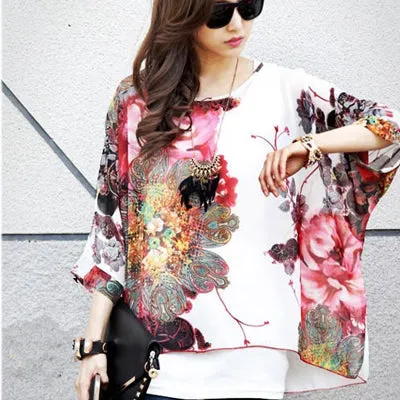 Blusas Summer Tops Plus Size Women Clothing 2017 New Style Batwing Sleeve Women Blouses Floral Print Women's Chiffon Shirts