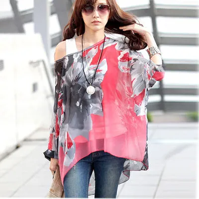Blusas Summer Tops Plus Size Women Clothing 2017 New Style Batwing Sleeve Women Blouses Floral Print Women's Chiffon Shirts