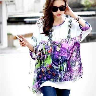 Blusas Summer Tops Plus Size Women Clothing 2017 New Style Batwing Sleeve Women Blouses Floral Print Women's Chiffon Shirts