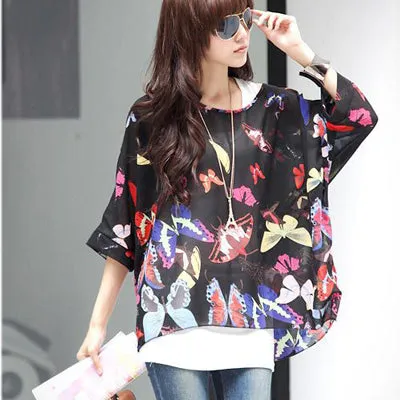 Blusas Summer Tops Plus Size Women Clothing 2017 New Style Batwing Sleeve Women Blouses Floral Print Women's Chiffon Shirts