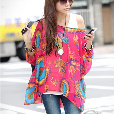 Blusas Summer Tops Plus Size Women Clothing 2017 New Style Batwing Sleeve Women Blouses Floral Print Women's Chiffon Shirts