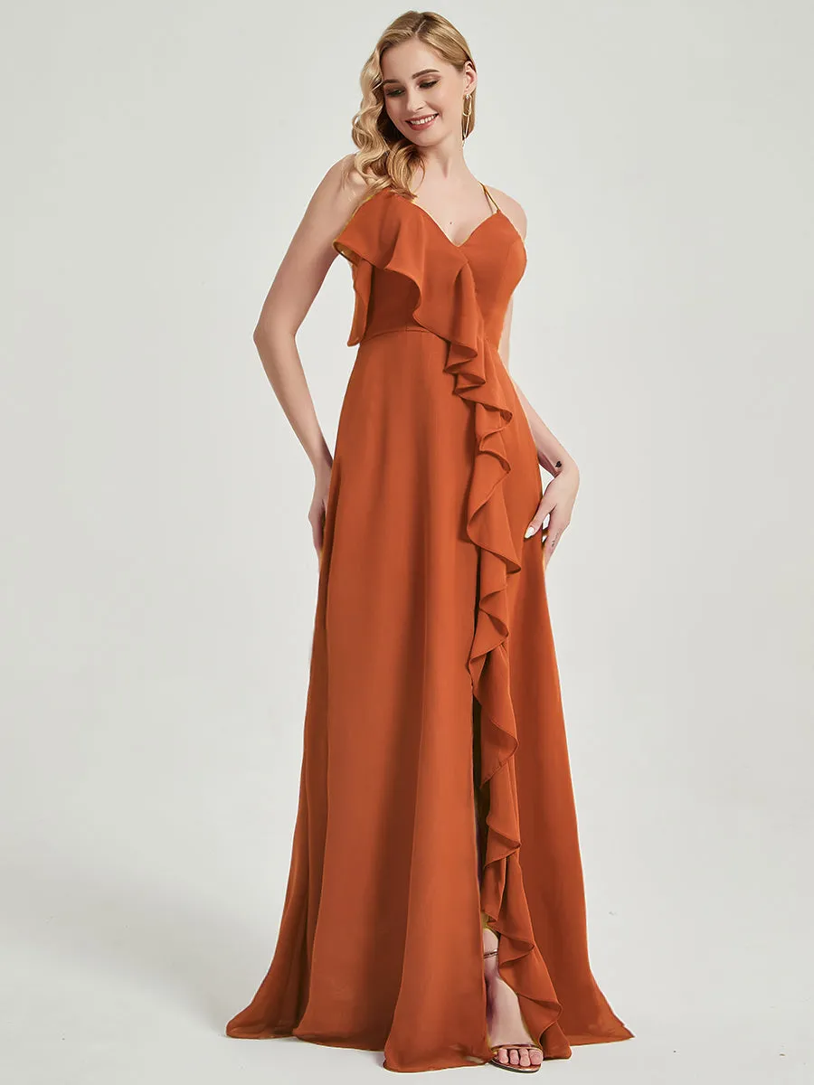 Blush Criss-Cross Straps Ruffles Slit Chiffon Maxi Bridesmaid Dress