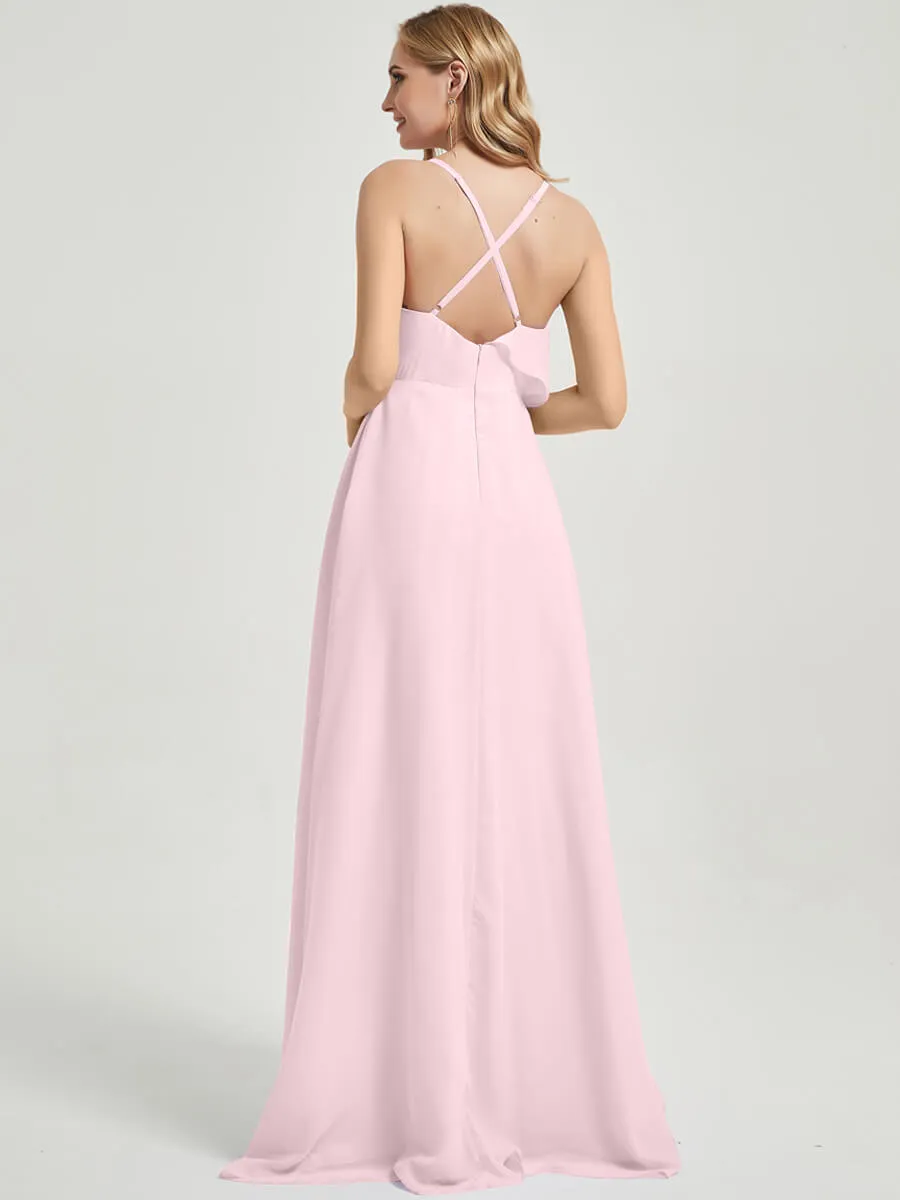 Blush Criss-Cross Straps Ruffles Slit Chiffon Maxi Bridesmaid Dress