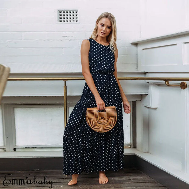 Bobo Women Dark Blue Loose Sleeveless Holiday Dot Print Long Maxi Dress Evening Party Beach Dresses Summer Sundress