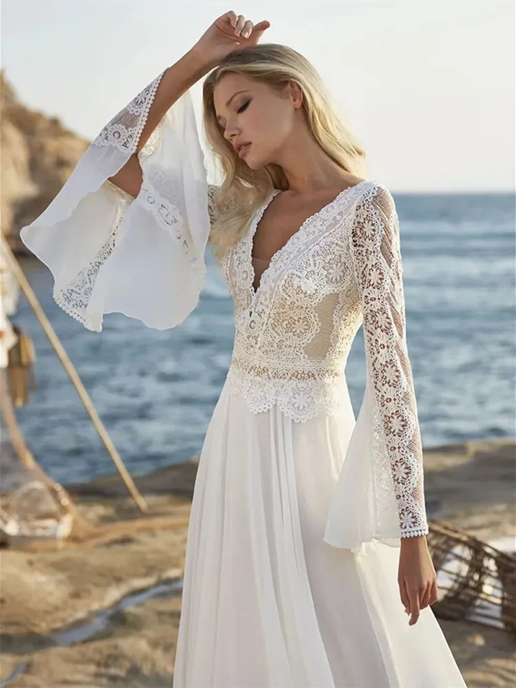 Bohemian A Line Chiffon Wedding Dresses V Neck Long Sleeve Lace Applique