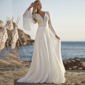 Bohemian A Line Chiffon Wedding Dresses V Neck Long Sleeve Lace Applique