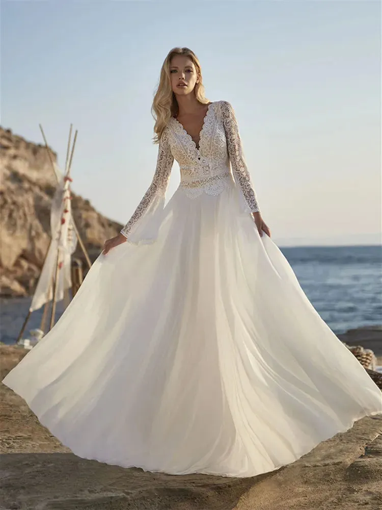 Bohemian A Line Chiffon Wedding Dresses V Neck Long Sleeve Lace Applique