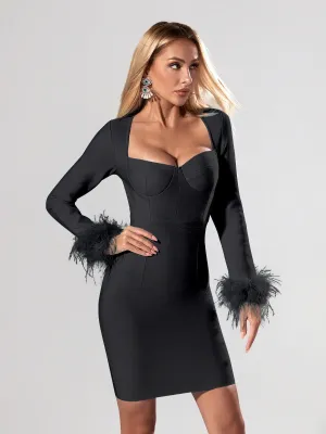 Bold Sophisticated Feathered Long Sleeve Dress
