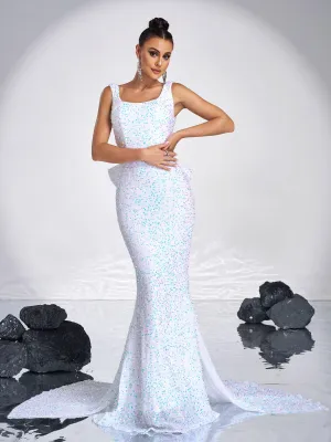 Bow Knot Sleeveless White Sequin Dress RM21232
