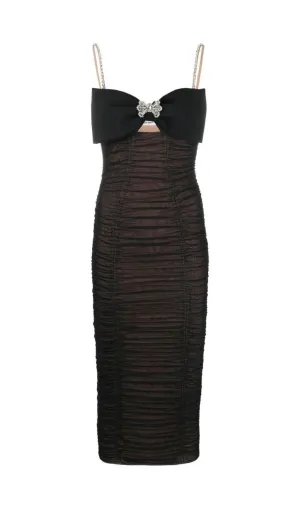 BOW POWER MESH MIDI DRESS IN BLACK