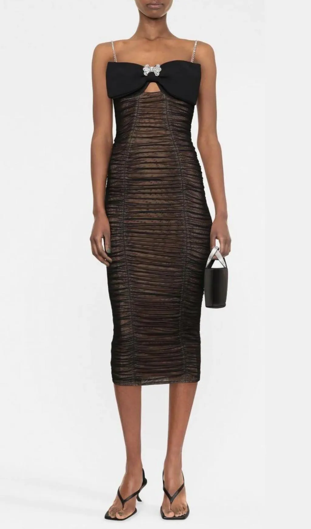 BOW POWER MESH MIDI DRESS IN BLACK