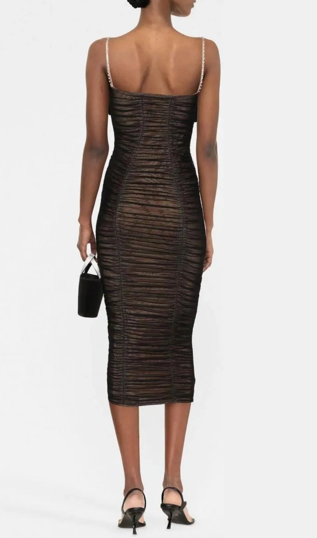 BOW POWER MESH MIDI DRESS IN BLACK