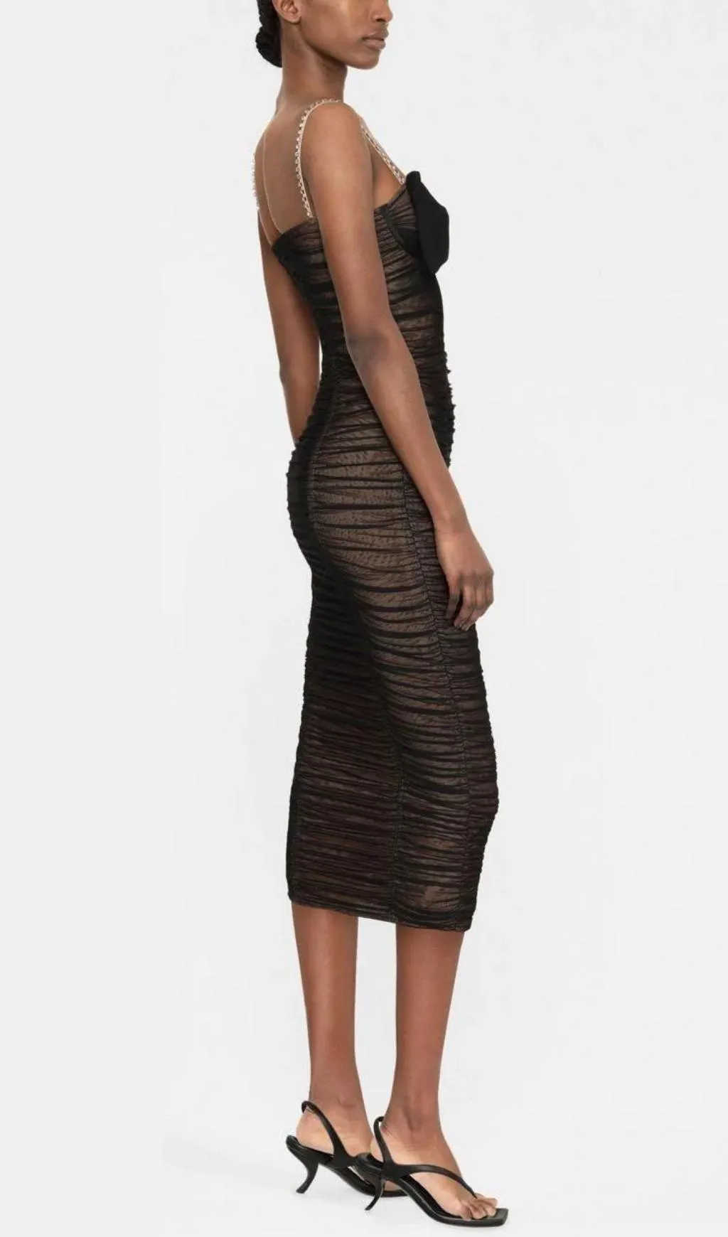 BOW POWER MESH MIDI DRESS IN BLACK