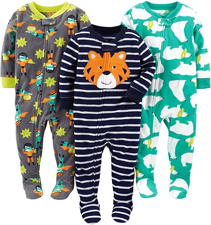 Brand new Simple Joys by Carter's 3-Pack Loose Fit Fleece Footed Pajamas! Tiger/Polar Bear/Superhero! Sz 18 Months!