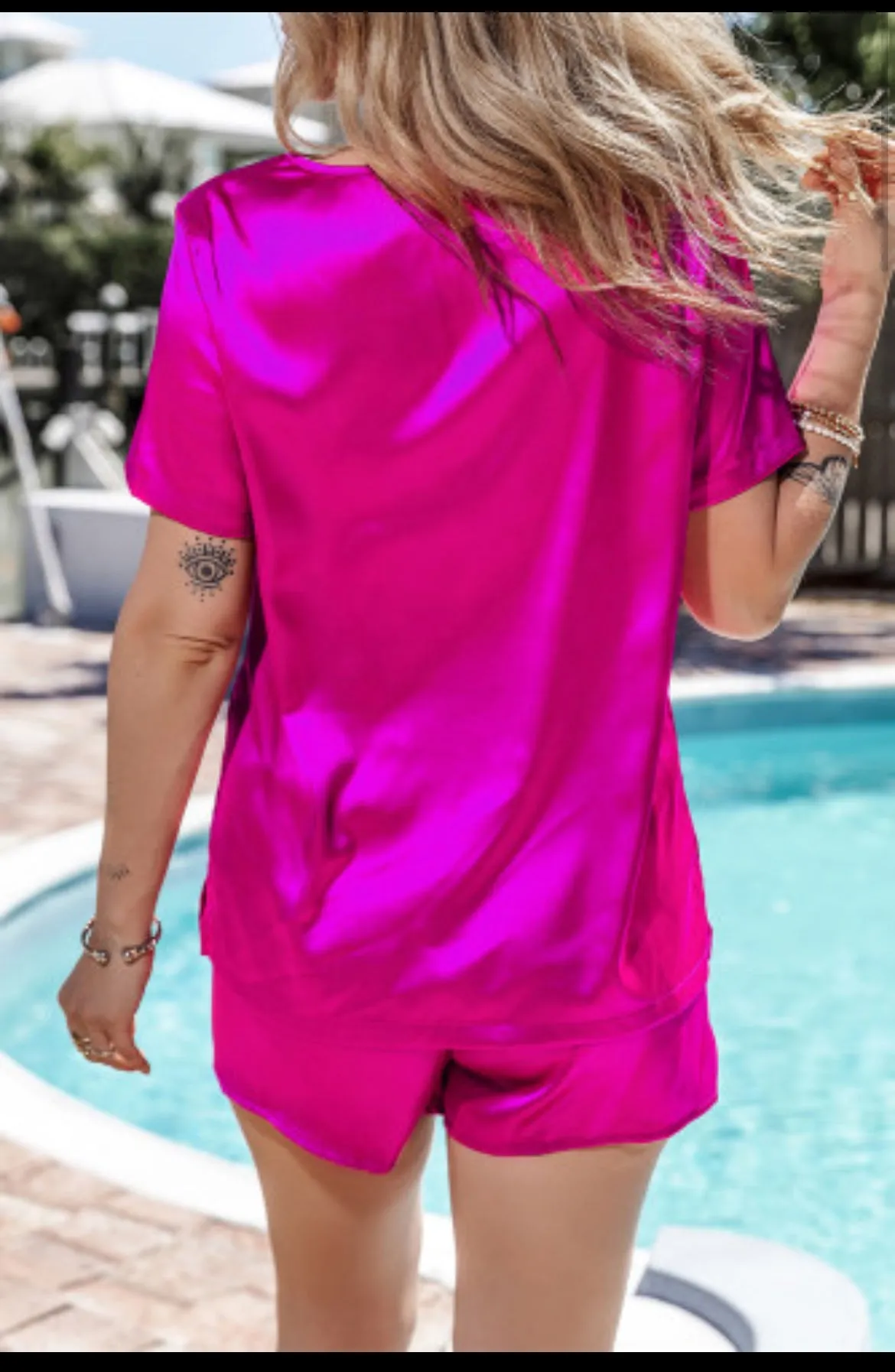 Bright Pink Satin V Neck Tee and Drawstring Shorts Set