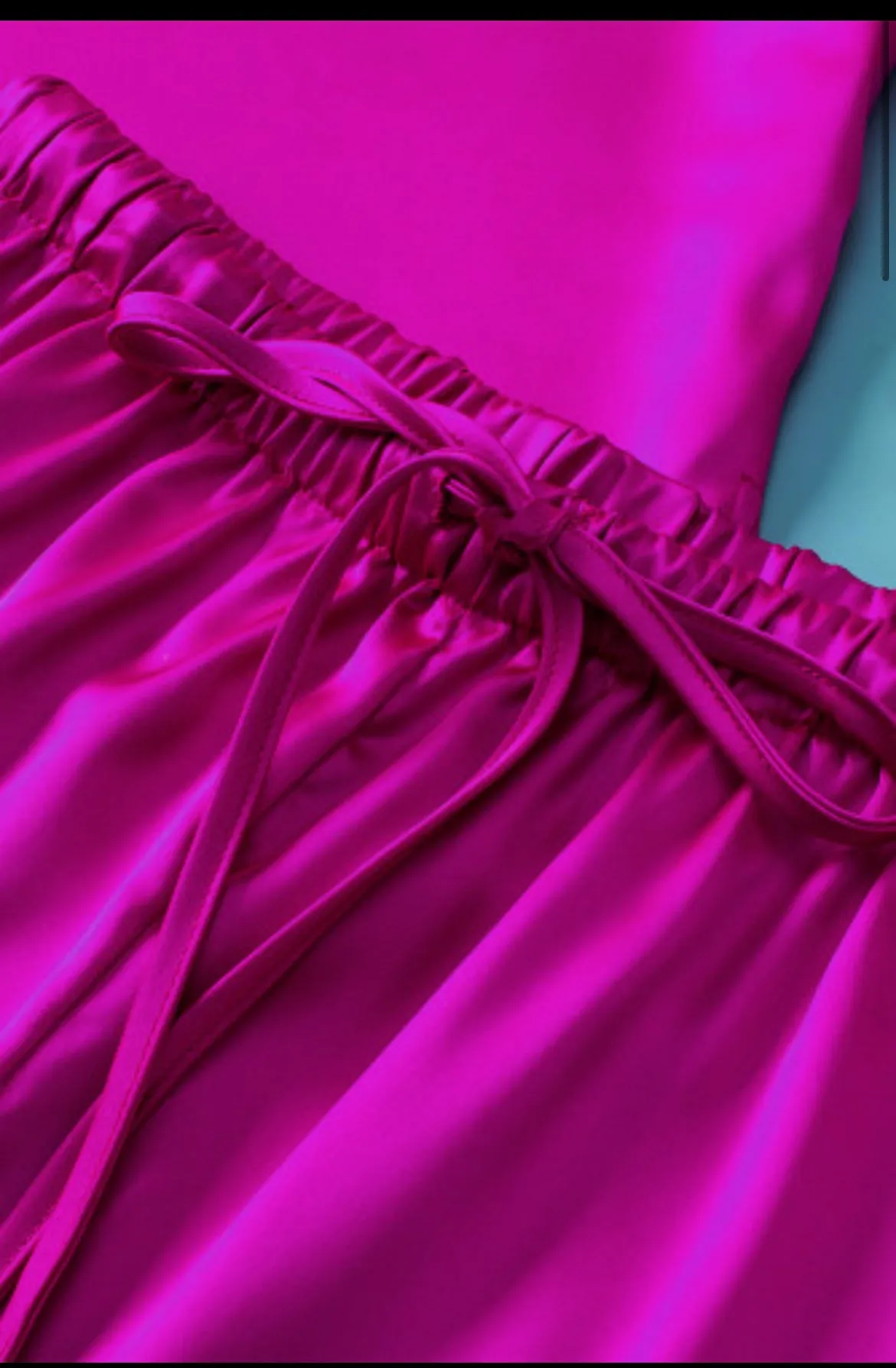 Bright Pink Satin V Neck Tee and Drawstring Shorts Set