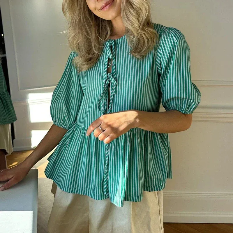 Britnee® | Vintage Striped Blouse With Tie Bow
