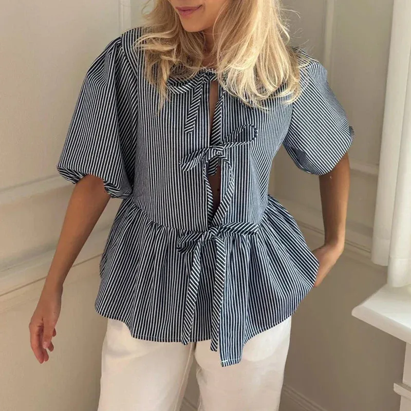 Britnee® | Vintage Striped Blouse With Tie Bow
