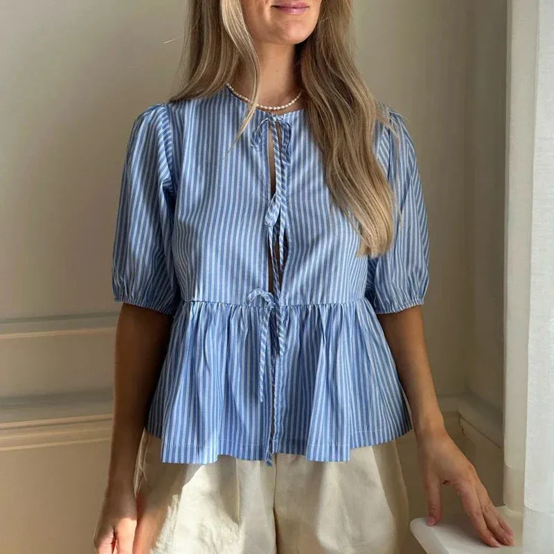 Britnee® | Vintage Striped Blouse With Tie Bow