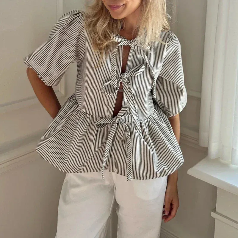 Britnee® | Vintage Striped Blouse With Tie Bow