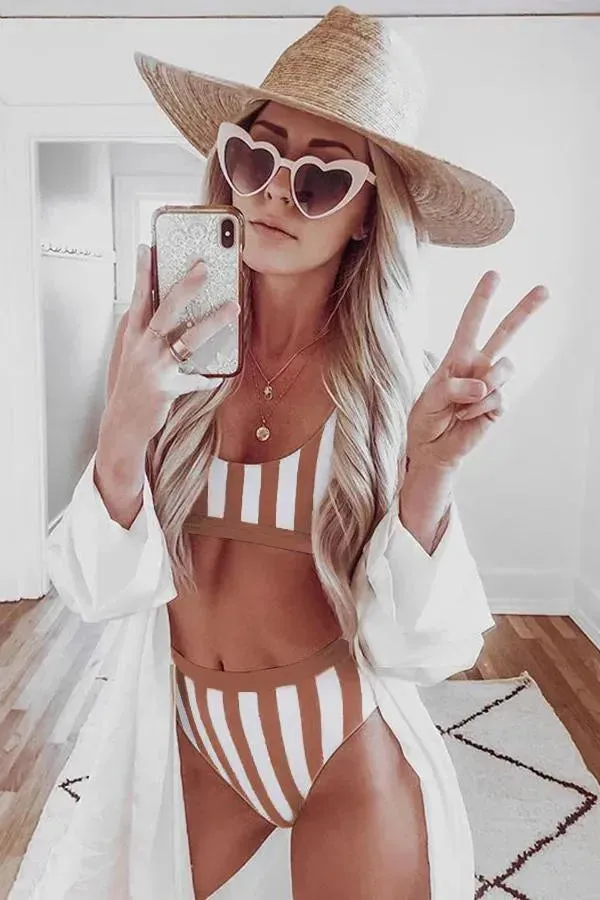 Brown Athletic Striped Tank Sport High Waist Swimwear