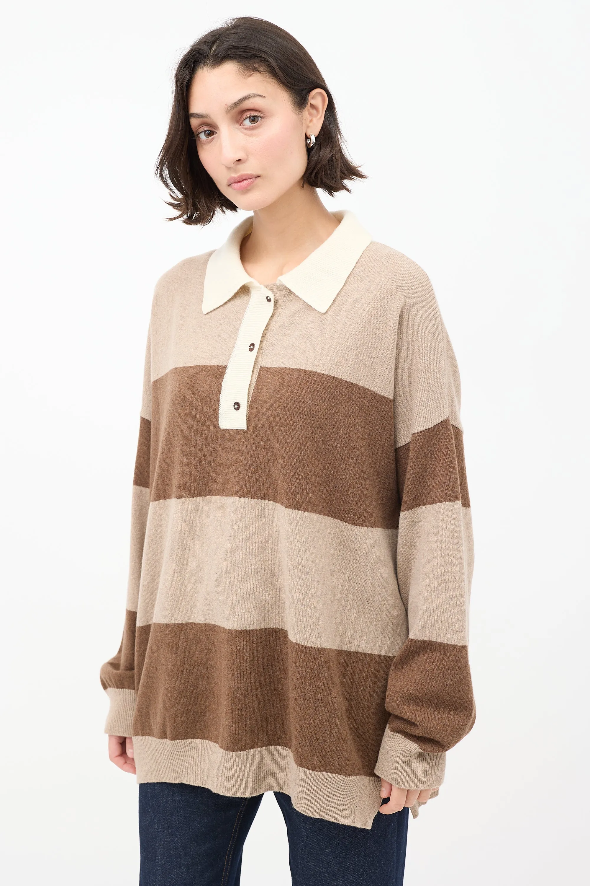 Brown Cashmere & Wool Striped Collared Sweater