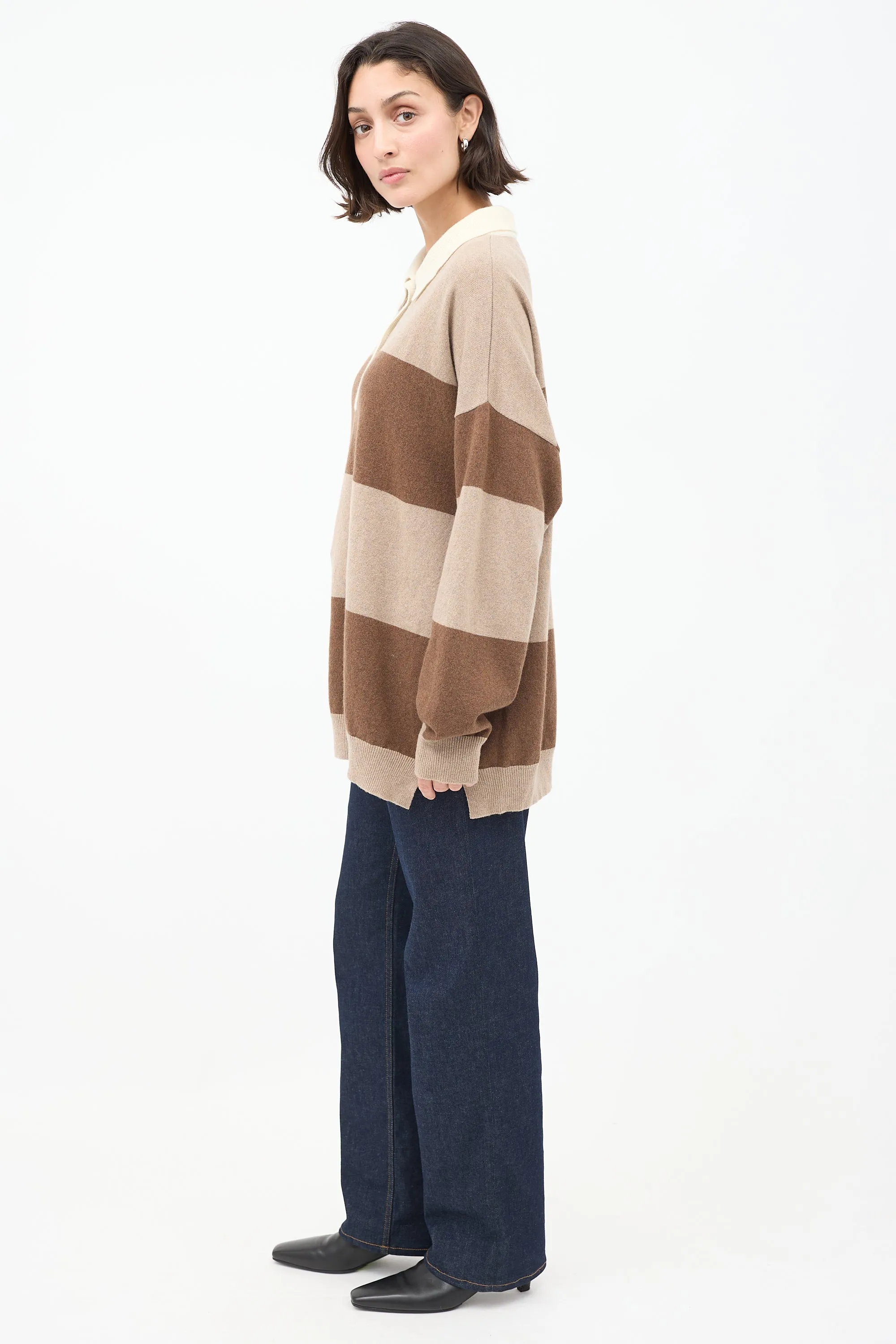 Brown Cashmere & Wool Striped Collared Sweater