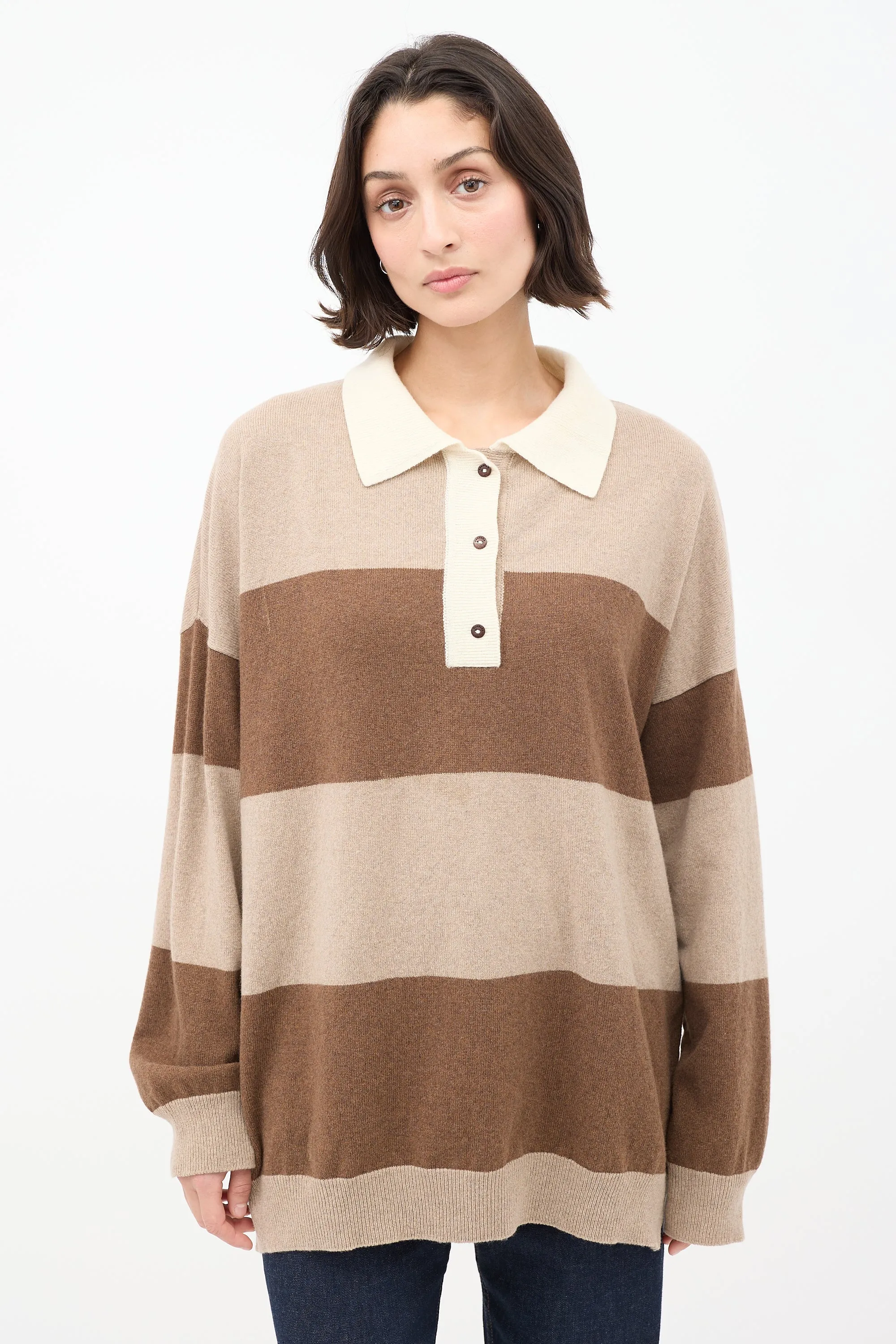 Brown Cashmere & Wool Striped Collared Sweater