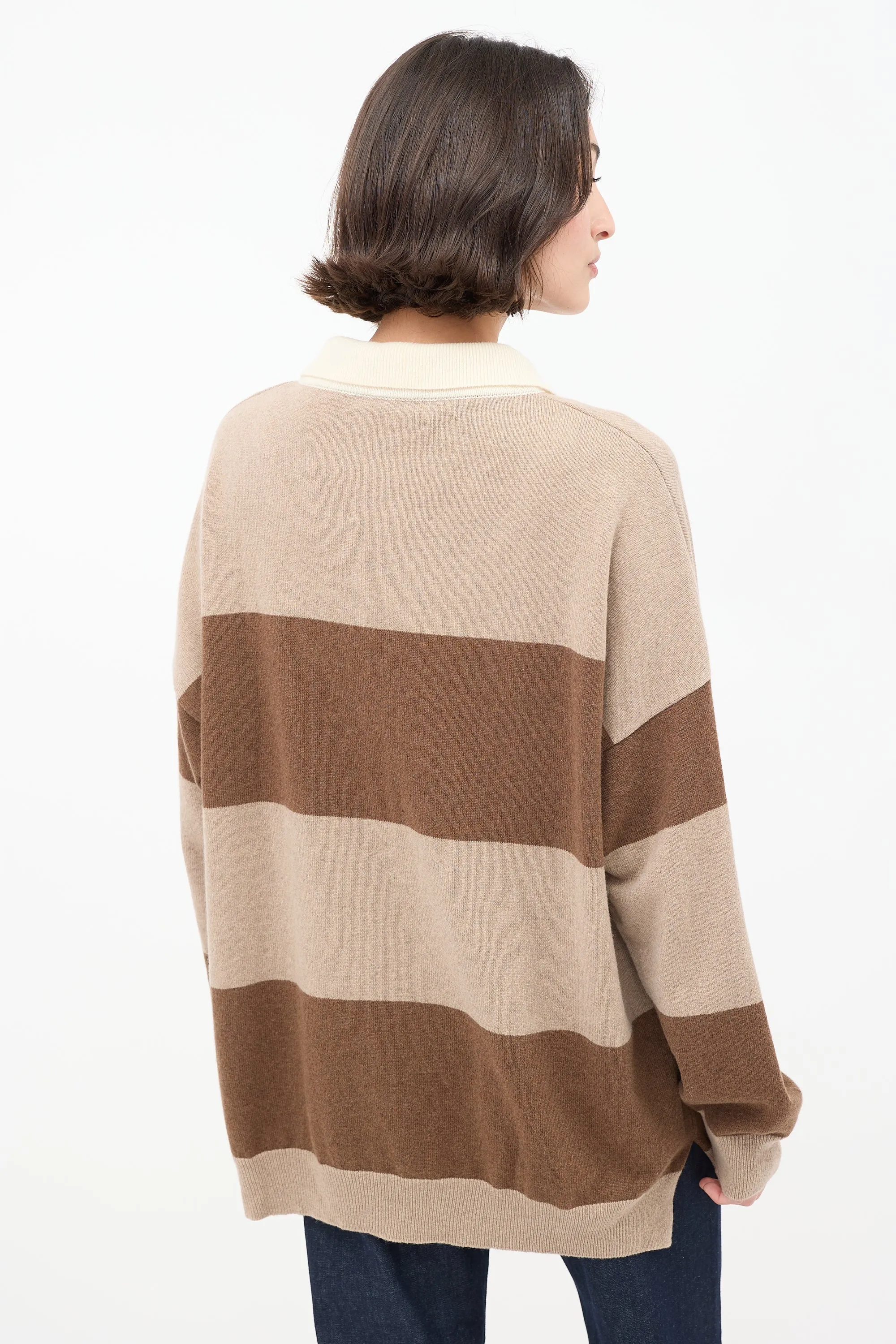 Brown Cashmere & Wool Striped Collared Sweater
