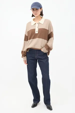 Brown Cashmere & Wool Striped Collared Sweater