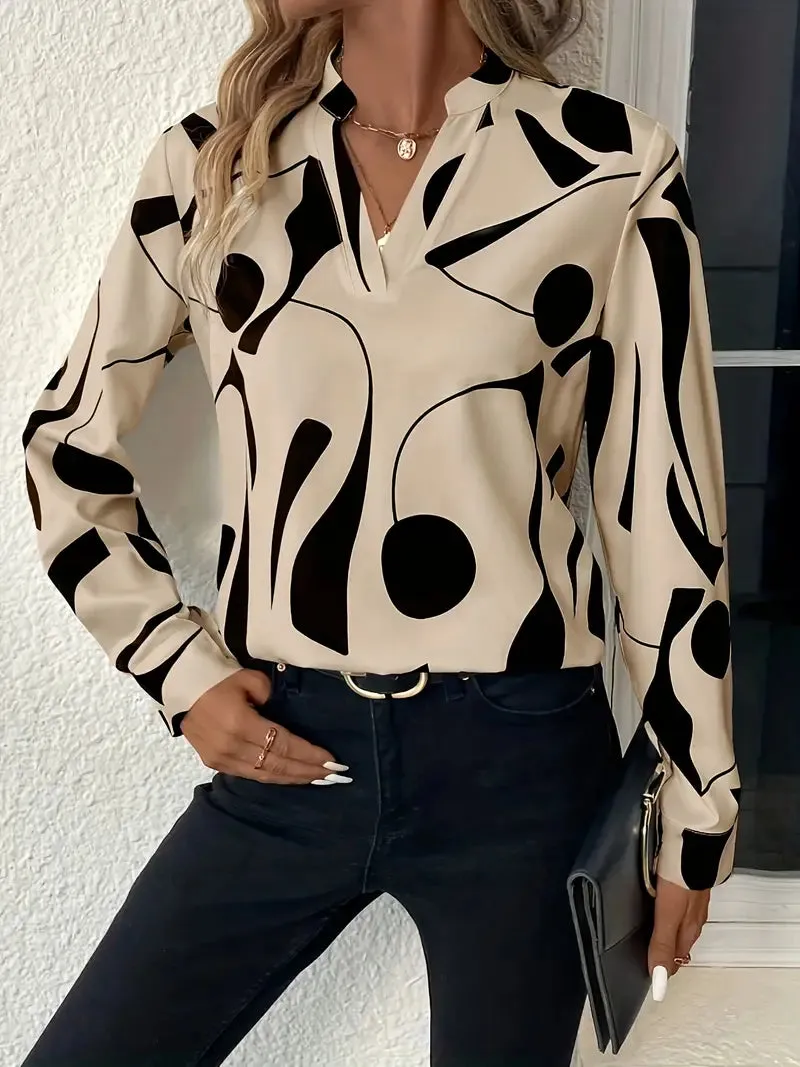 Browsher® | V-Neck Blouse With Geo Print, Comfortable Long-Sleeved Top