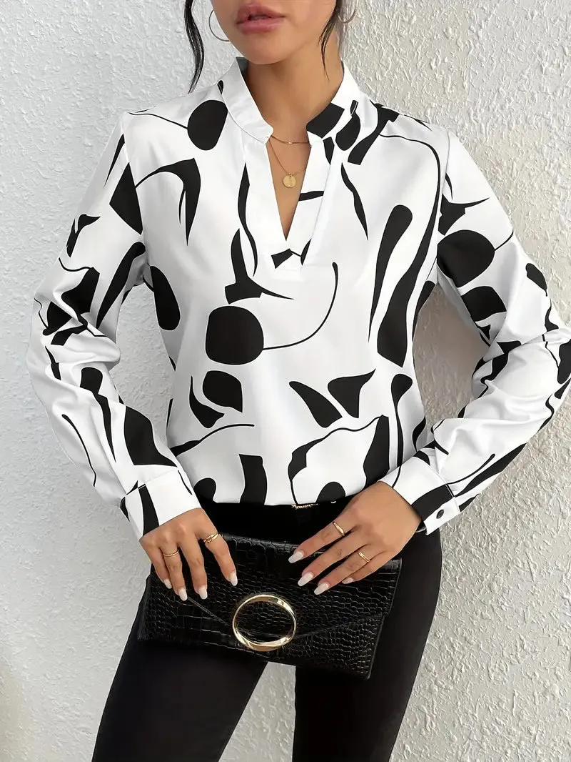 Browsher® | V-Neck Blouse With Geo Print, Comfortable Long-Sleeved Top