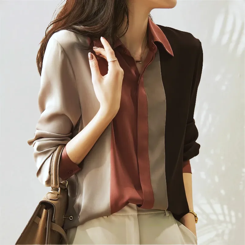 Brusko® | Elegant Autumn Patchwork Striped Satin Blouse For Women