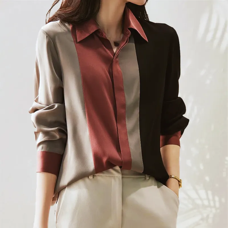 Brusko® | Elegant Autumn Patchwork Striped Satin Blouse For Women