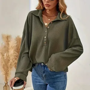 Bryanda® | Chic Autumn Green Ribbed Blouse With Buttons For Women