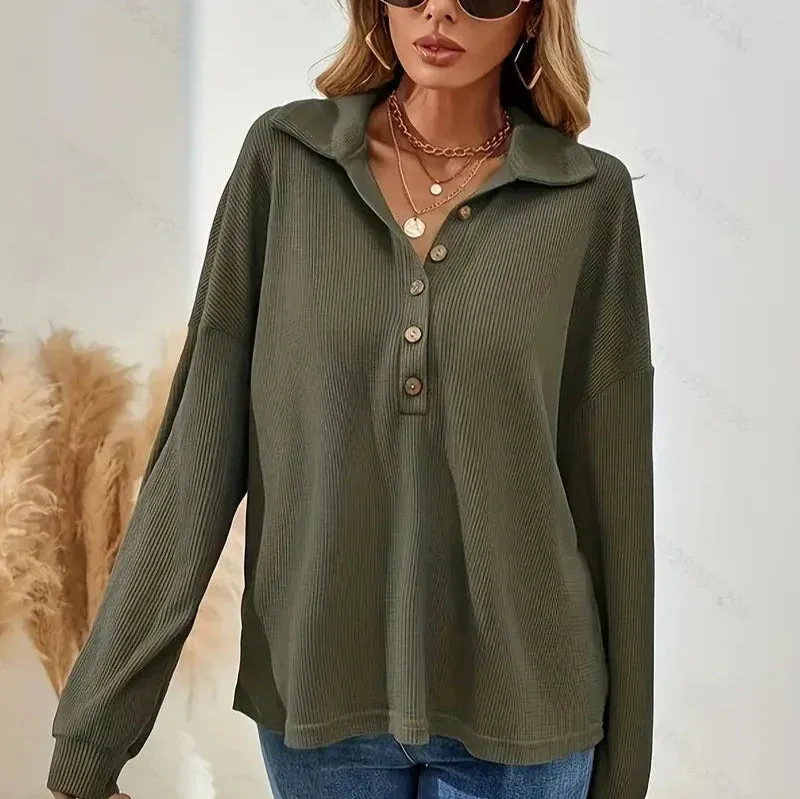 Bryanda® | Chic Autumn Green Ribbed Blouse With Buttons For Women