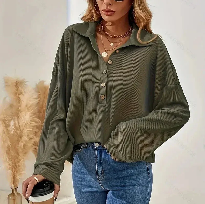 Bryanda® | Chic Autumn Green Ribbed Blouse With Buttons For Women