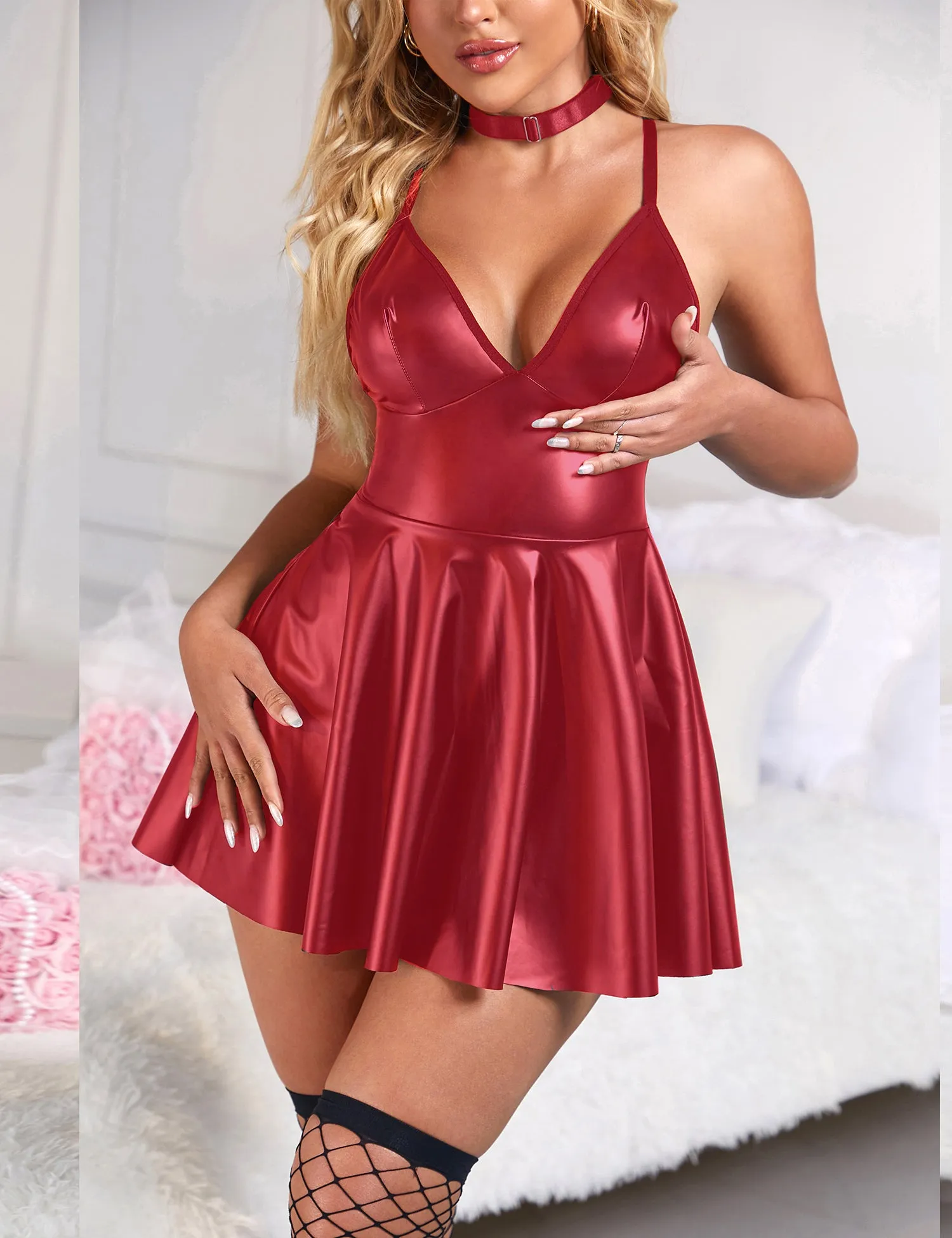 Burgundy PU leather Suspender Sexy Egypt Nightdress