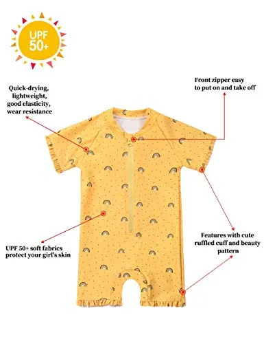 Cadocado Girls Rashguard Swimsuit One Piece Quick Dry Bathing Suit Beach Sport,Yellow Print,3-4 Years