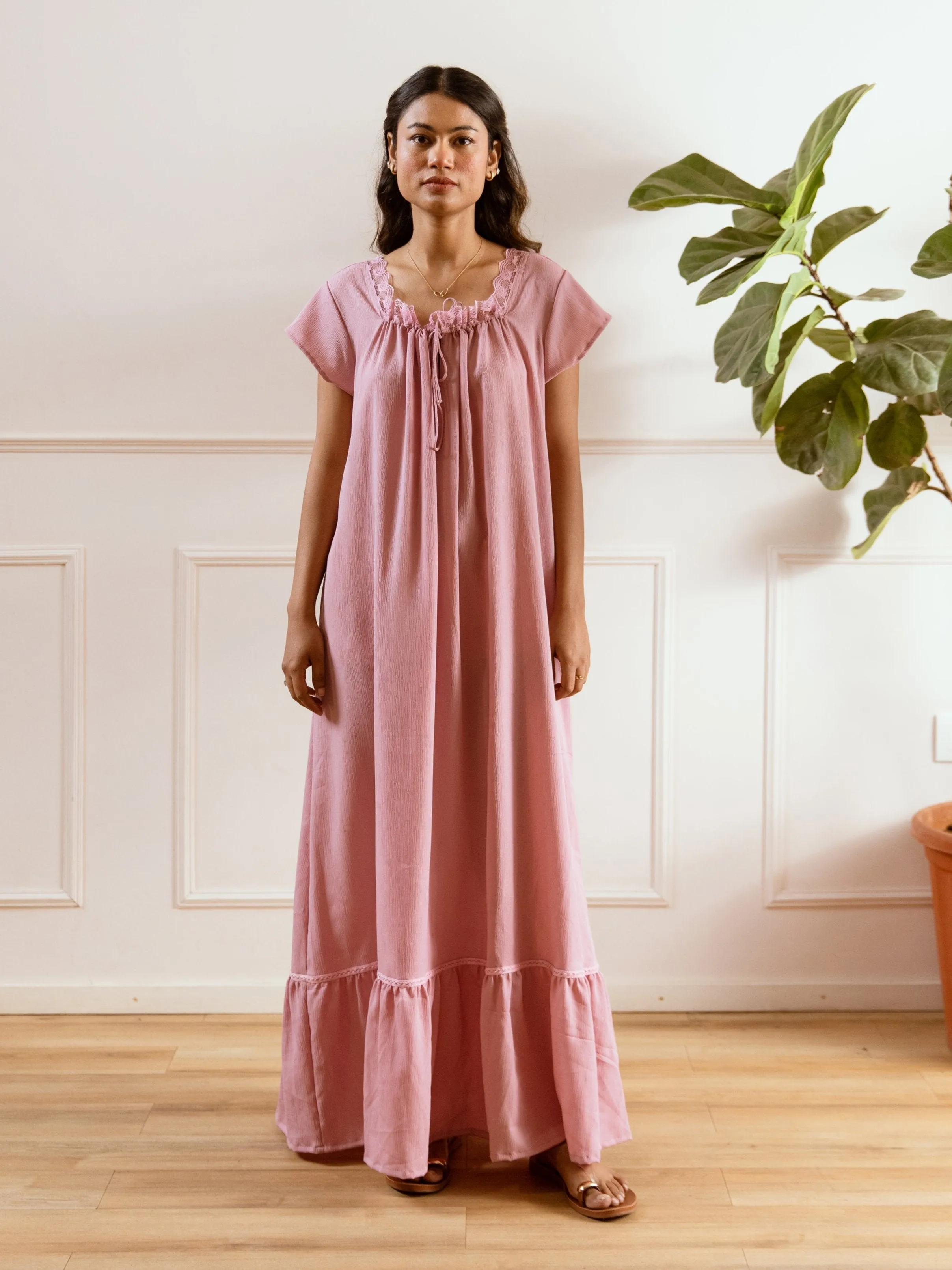 Candy Pink Flared Soft Crepe Night Maxi