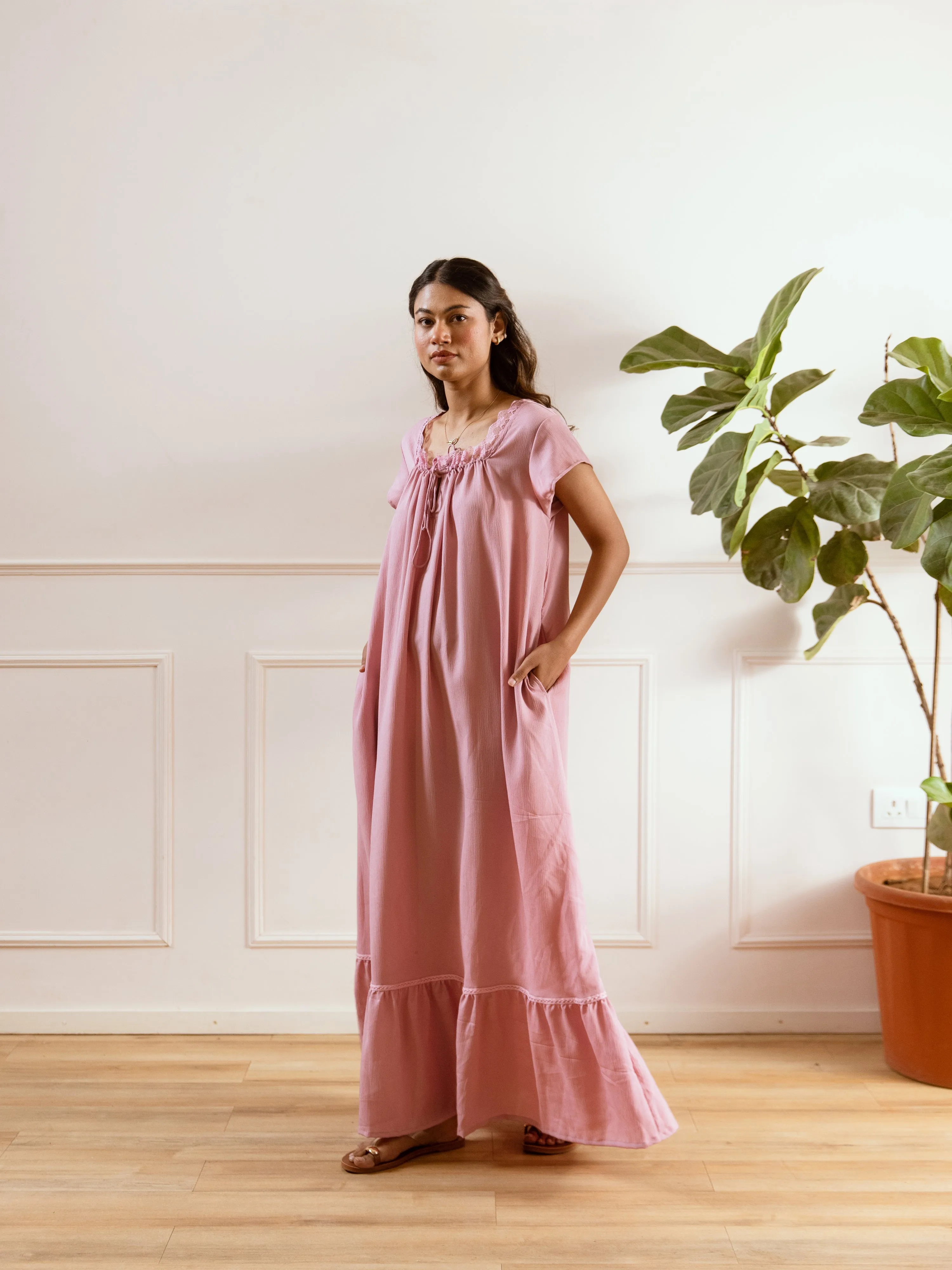 Candy Pink Flared Soft Crepe Night Maxi