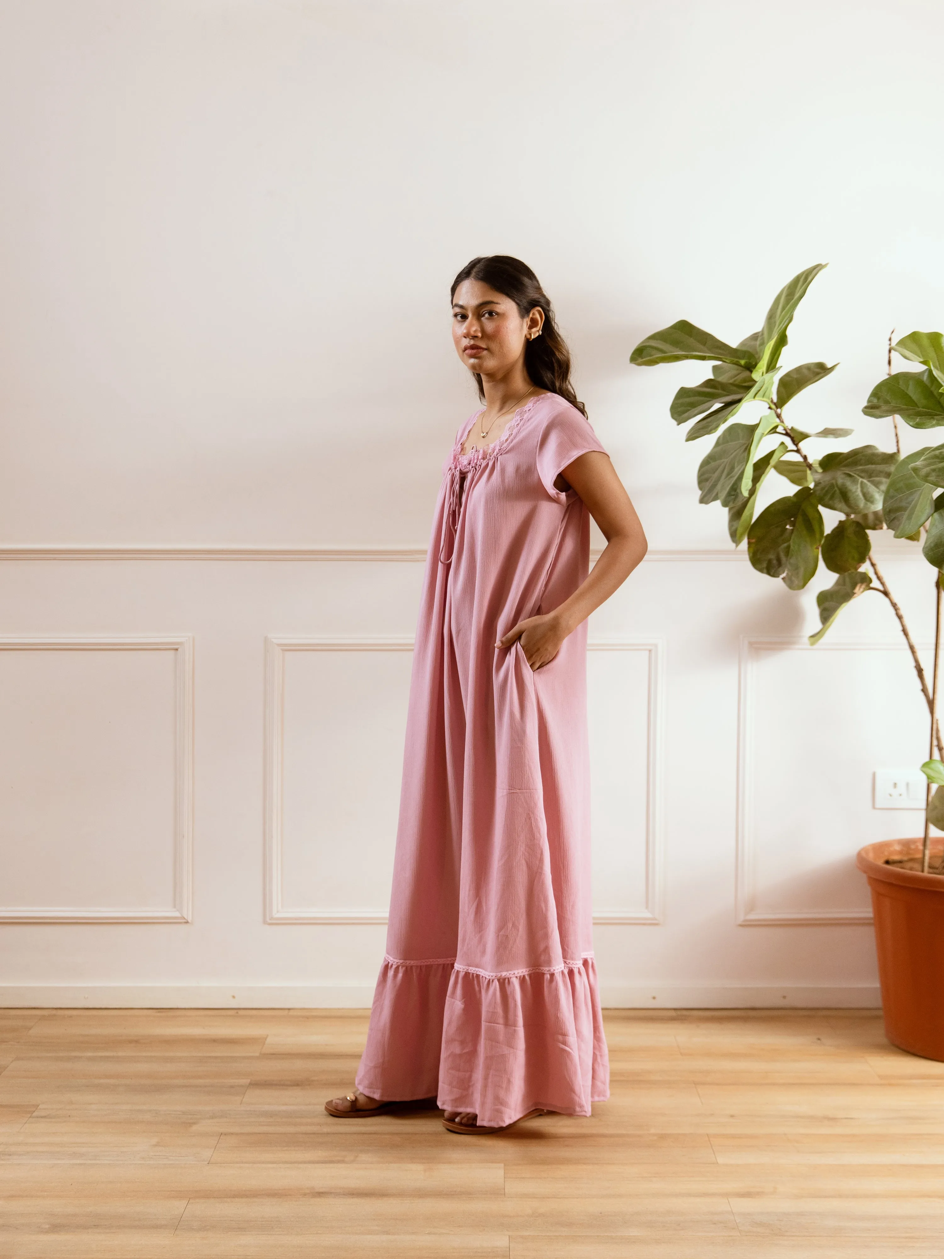 Candy Pink Flared Soft Crepe Night Maxi