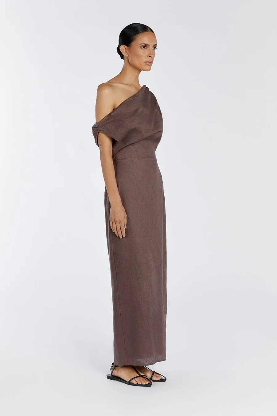 CASS CHOC LINEN ASYM MIDI DRESS
