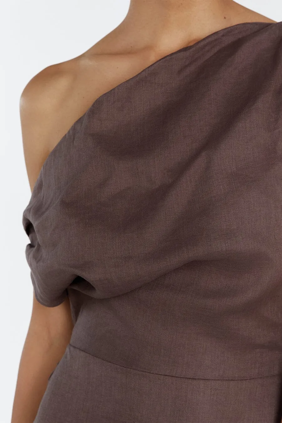 CASS CHOC LINEN ASYM MIDI DRESS